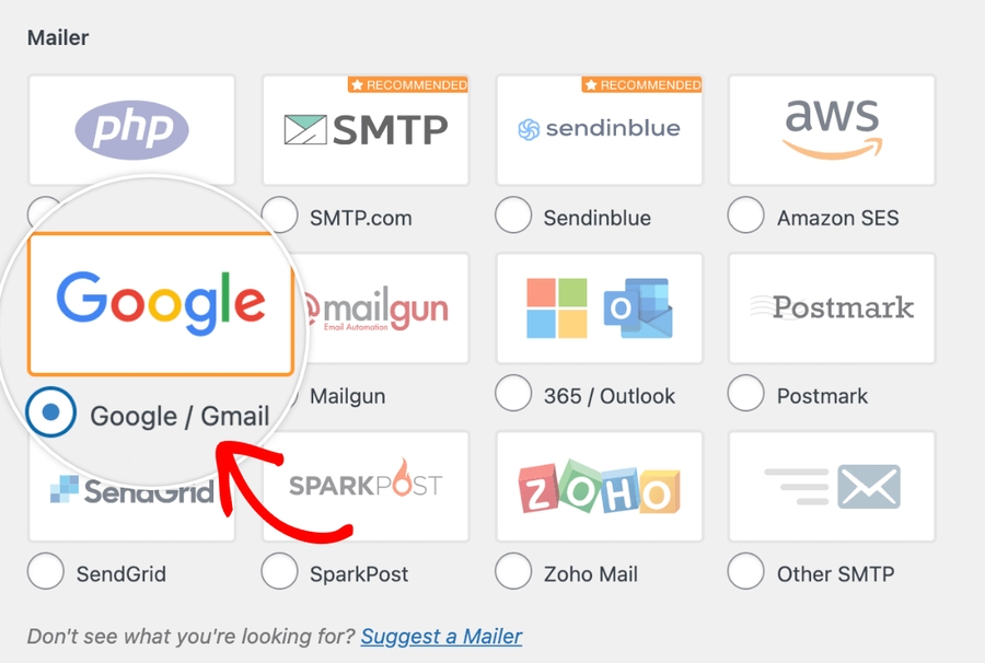 Selecting the Google / Gmail mailer in WP Mail SMTP's settings